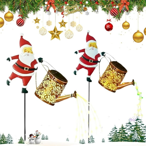 Christmas Santa Solar Kettle Lights Garden Lawn Decorative Lights, Hanging Metal Solar Santa Claus Watering Can with LED Light, Waterproof Outdoor Lantern Decoration