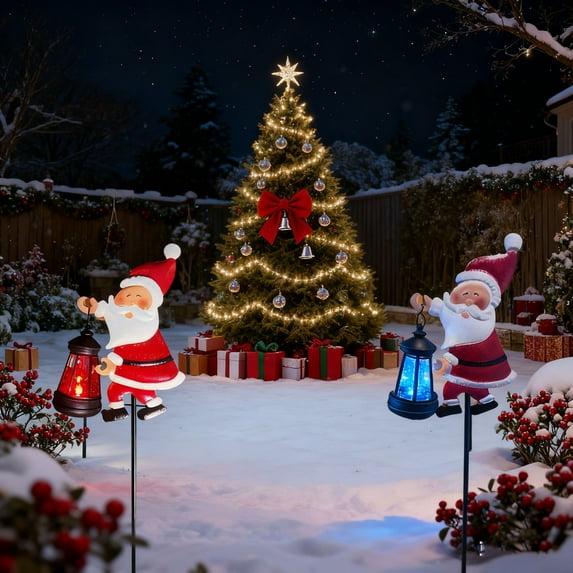 Christmas Santa Solar Kettle Lights, Outdoor Waterproof Garden Lawn Decorative Lights, Solar LED Santa Claus Ornament with Iron Stake, Festive Holiday Yard Decoration Colorful lights
