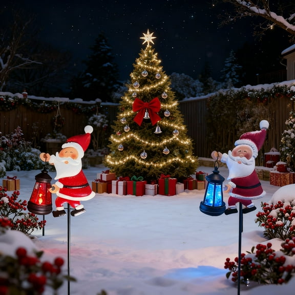 Christmas Santa Solar Kettle Lights, Outdoor Waterproof Garden Lawn Decorative Lights, Solar LED Santa Claus Ornament with Iron Stake, Festive Holiday Yard Decoration Colorful lights