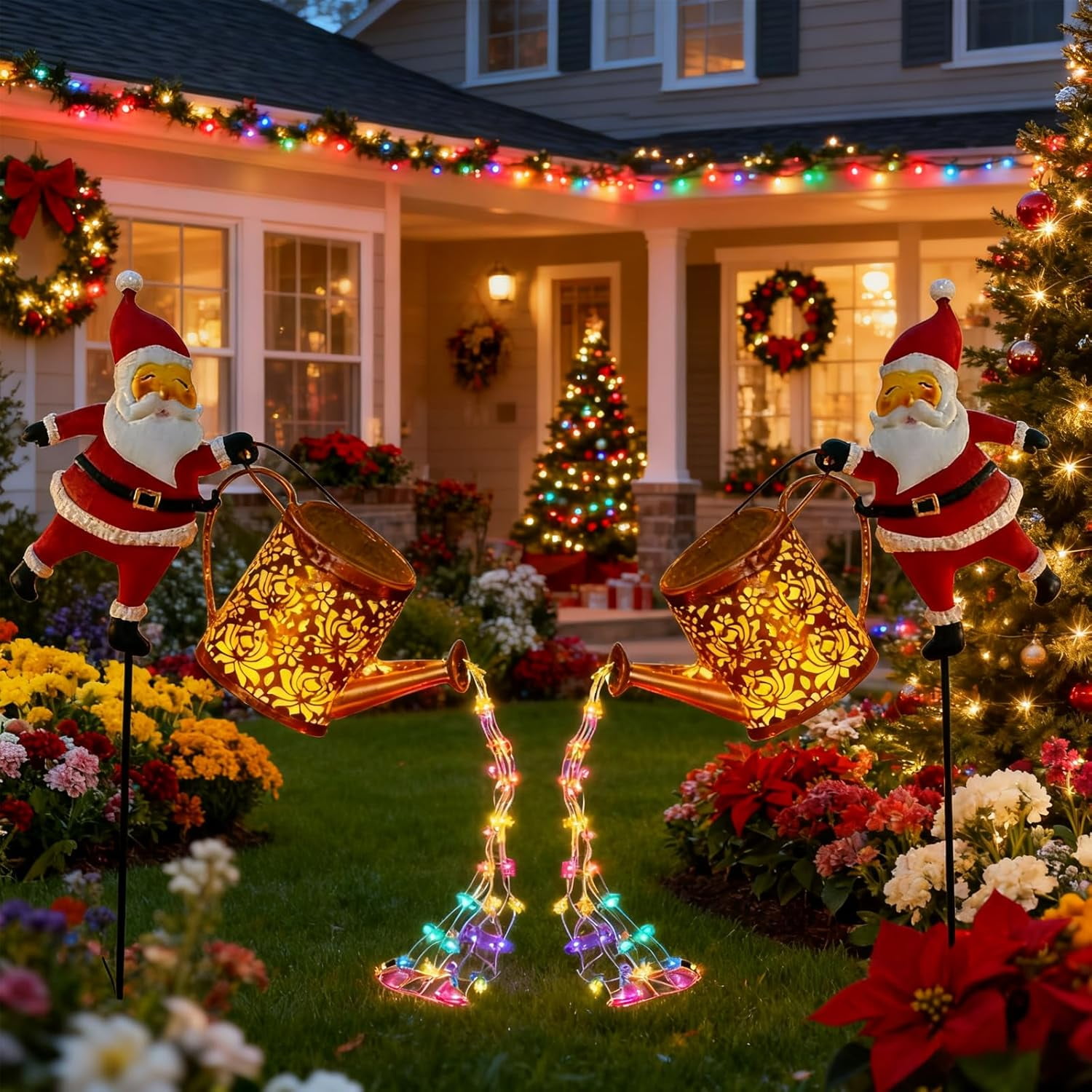 Christmas Santa Solar Kettle Lights, Waterproof Metal Garden Decor