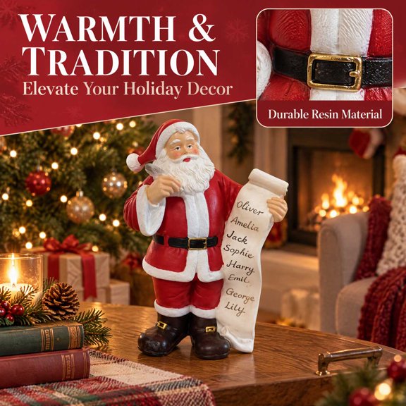 Christmas Santa Statue Holding a Scroll, Resin Tabletop Ornament, Sculpted Facial and Clothing Details for Indoor Mantel, Cabinet, Shelf and Holiday Table Displays, Red, 6.89 x 4.33 in, 1 Piece