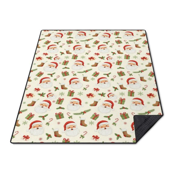 Christmas Santa Stocking Pattern Waterproof Picnic Blanket, 3-Layer Hiking Pad with Corner Pockets & Carry Straps, Quilted Padding Gifts for Birthday Christmas,60"x80"