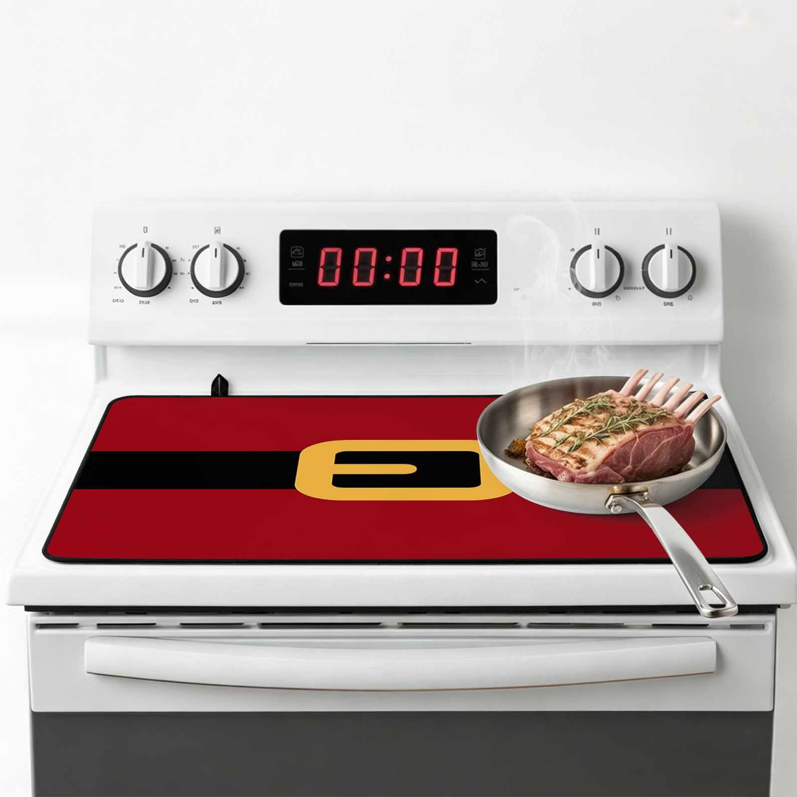 Christmas Santa Stove Top Cover for Electric Stove, Heat-proof & Non Slip Glass Top Stove Cover Protector, Black Golden Belt Red Backdrop Kitchen Flat Cooktop Rubber Mat 24x21 Inches