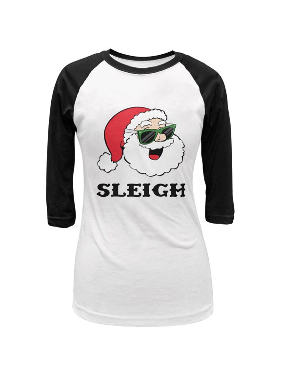 Christmas Santa Sunglasses Sleigh Slay Juniors 3/4 Sleeve Raglan T Shirt White-Black MD