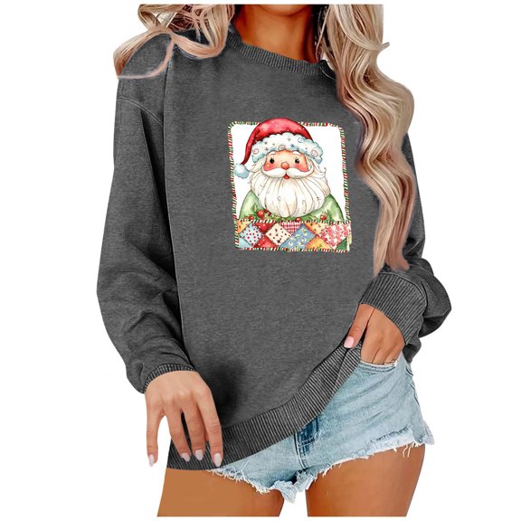Christmas Santa Sweatshirt for Women Holiday Graphic Long Sleeve Crewneck Pullover Dark Gray S