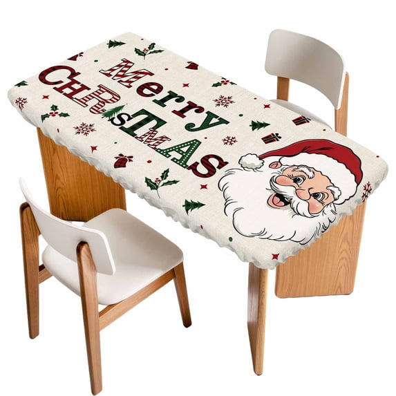Christmas Santa Table Cloths for 4 Foot Rectangle Tables, Winter Xmas Snowflakes Tree on Linen Patio Waterproof Elastic Fitted Tablecloths, Washable Rectangular Table Cover for Camping