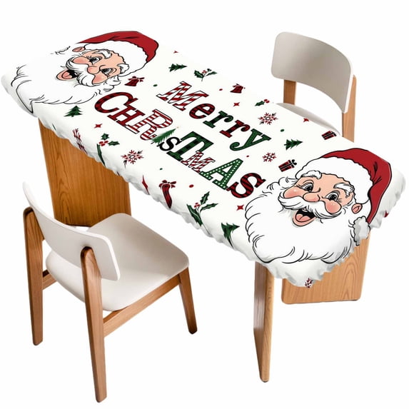 Christmas Santa Table Cloths for 8 Foot Rectangle Tables, Winter Xmas Snowflakes Holly Pine Tree Patio Waterproof Elastic Fitted Tablecloths, Washable Rectangular Table Cover for Camping