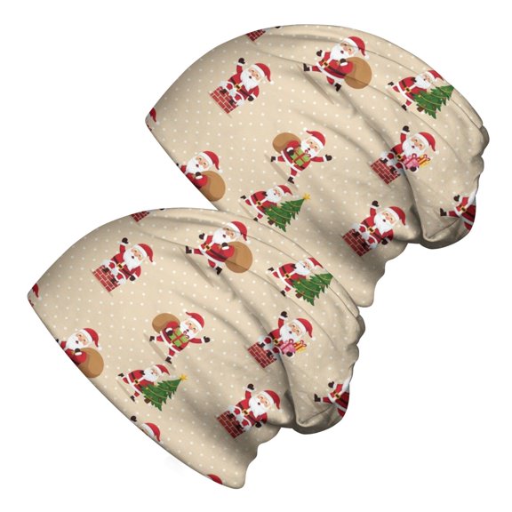 Christmas Santa Train Polar Bear Pattern 2 Pack Slouchy Beanie Hat, Sleep Head Cover with Stretchy Fabric & Soft Texture, Heat Retaining Gifts for Unisex Men Women