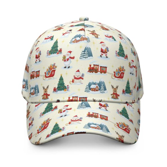 Christmas Santa Train Polar Bear Pattern Baseball Cap, Outdoor Travel Cap with Snap Closure & Sweatband, Polyester Construction Gifts for Unisex Men Women