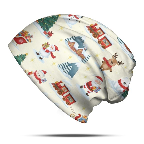 Christmas Santa Train Polar Bear Pattern Slouchy Beanie Hat, Casual Daily Hat with Stretchy Fabric & Soft Texture, Thermal Warm Gifts for Home Daily Outdoor