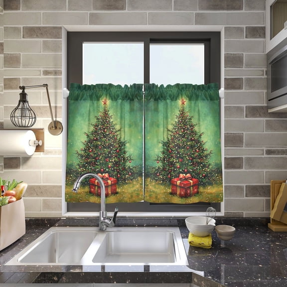 Christmas Santa Tree Gift Kitchen Curtains Half Tier Curtain 2 Rod Pockets Bathroom Bedroom Cupborad Living Room 27"x24"