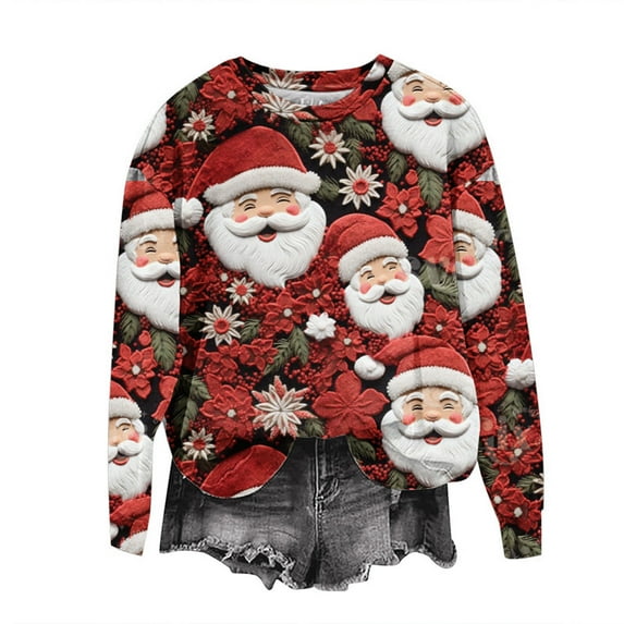Christmas Santa Tree Graphic Print Sweatshirt for Women Long Sleeve Round Neck Pullover Sweater Casual Holiday Top