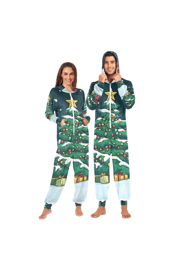 Christmas Santa Trees Gifts Adult Onesie Pajamas Slim Fit Christmas One Piece Suit Pjs for Women and Men Hooded Zipper
