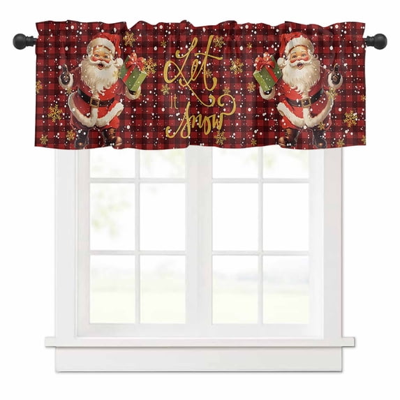 Christmas Santa Valances for Windows Claus Winter Snowflake Red Black Plaid Rod Pocket Curtain Valance Window Treatment Short Curtains for Kitchen Living Room, 58"x16"
