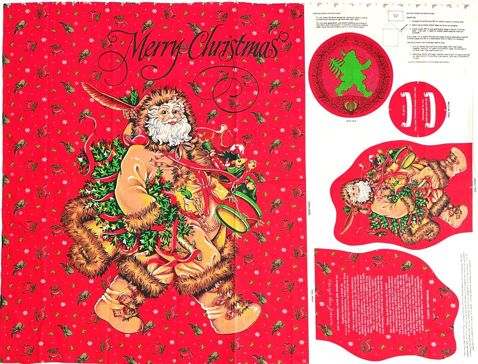 Christmas Santa Wall Hanging or Door Decoration & Standing Santa Doll Cotton Fabric Panel - 35" Tall X 44" Wide