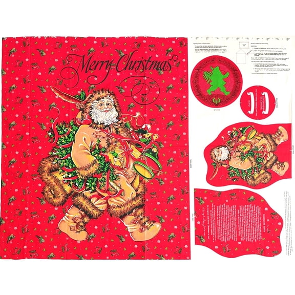 Christmas Santa Wall Hanging or Door Decoration & Standing Santa Doll Cotton Fabric Panel - 35" Tall X 44" Wide