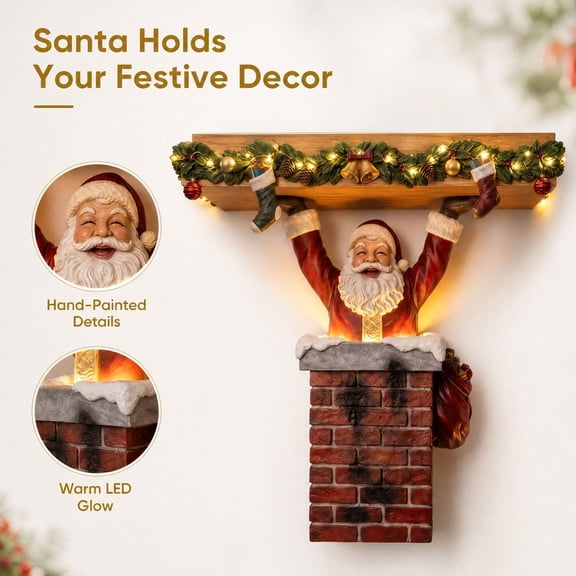 Christmas Santa Wall Shelf, 3D Sculpted Chimney Floating Display Ledge & Holiday Home Decor for Living Room, Mantel & Seasonal Party