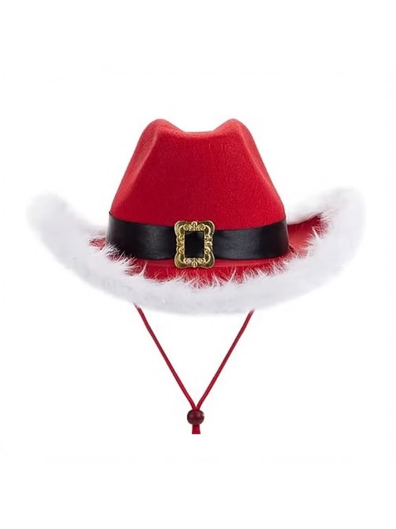 Christmas Santa Western Hat Red Trendy Western Xmas Costume Hat with White Trim Adult Holiday Party Accessory with Chin Strap,1pack