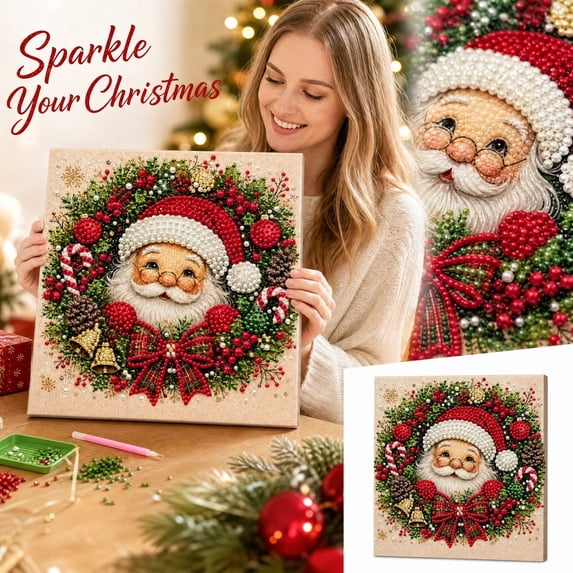 Christmas Santa Wreath Diamond Painting Kit, 5D Full Drill Pearl Bead Art Craft for Adults, Shimmering Gemstone Mosaic Wall Decor, Holiday DIY Canvas with Frame, Seasonal Home Decoration Gift