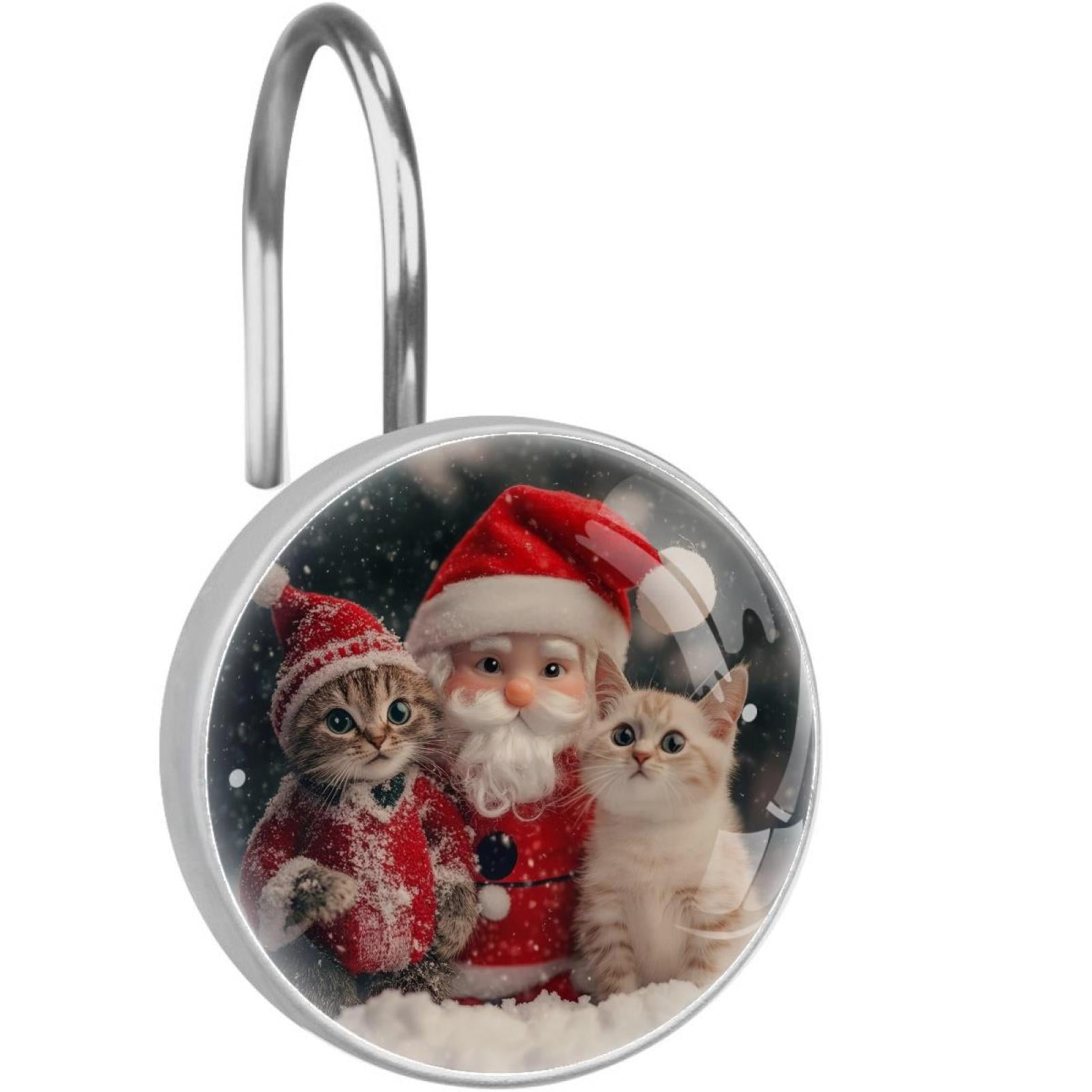 Christmas Santa and Cats Shower Curtain Hooks Round Crystal Glass, Set of 12 Shower Curtain Rings - Shower Hooks for Curtain Shower Rings
