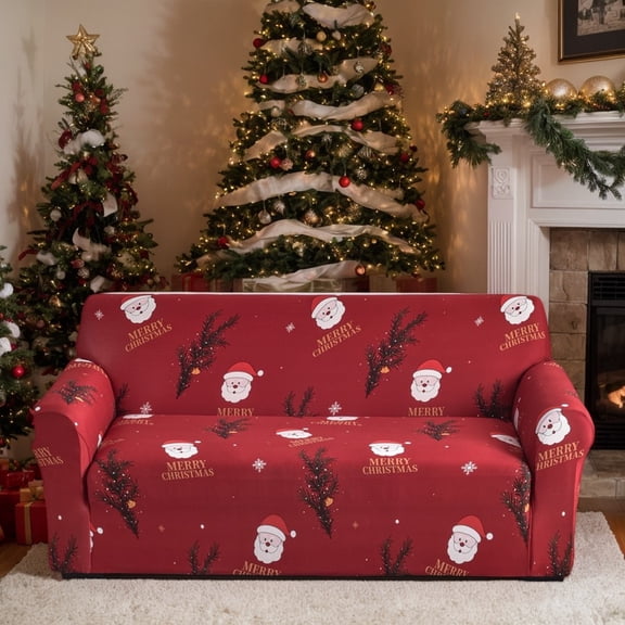 Christmas Santa and Pine Branch Stretch Sofa Slipcover, Red Microfiber Digital Print Couch Cover, Machine-Washable for 1–4 Seater Sofas