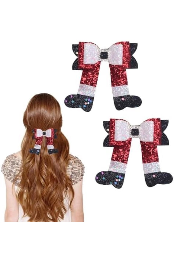 Christmas Santa boot Hair Clips - Sparkly Sequin Red Glitter Hair Bow Barrettes with Boots Hair Accessories for Girls Women Xmas Party Gifts (3.6in/Sequin-Red&White&Black)