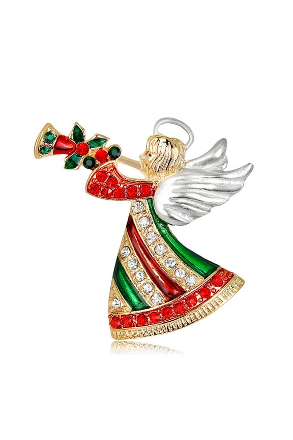 Christmas Santa for Rhinestone Cherub Brooch Pin Gold Tone Metal Angel Music Horn Angel Horn for Gatherings