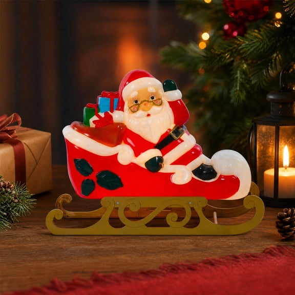 Christmas Santa in Sleigh Tabletop Figurine, Vintage Sleigh Decor with Gift Boxes for Mantel Bookshelf Table