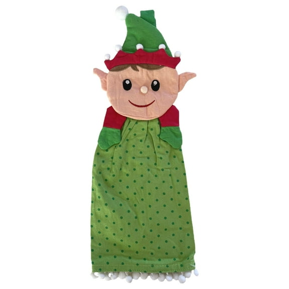 Christmas Santa's Elf Kitchen Towel Set with Hanger, 2 Holiday Dish Towels