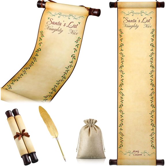 Christmas Santa's List of Naughty and Nice Scroll Paper Blank Scrolls with Wooden Stick 7.8 x 31.5 Inch Paper Santa Claus Role Play Prop for Hand Writing with Burlap Bag and Feather Pen