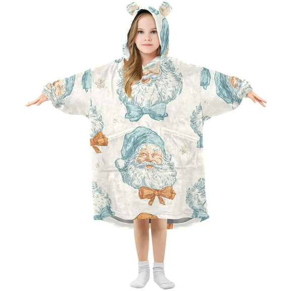 Christmas Santa with Bows Retro Flannel Wearable Blankets Hooded Design Long Sleeves Wrap Unisex for 3T-14Y L