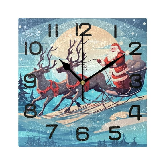 Christmas Santa with Deers Wall Clock Square Silent Non-Ticking Battery Operated Retro 7.78" Clock Home Kitchen Office Decoration