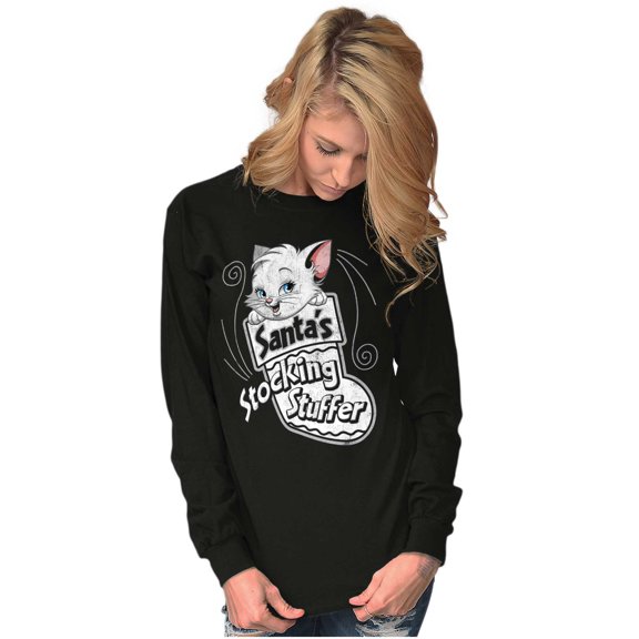 Christmas Santas Stocking Stuffer Cat Women's Long Sleeve T Shirt Brisco Brands S
