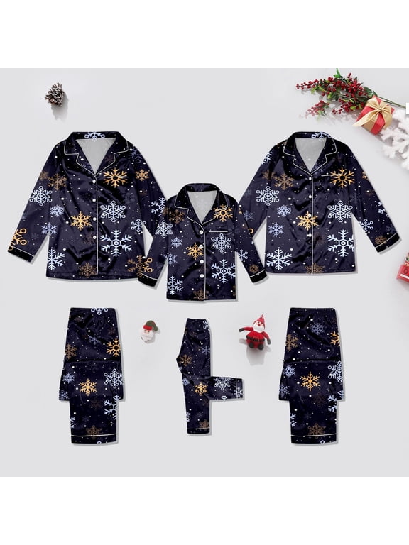 Christmas Satin Matching Family Pjs Set Snowflake Graphic Long Sleeve Button Front Notch Collar Pajama Set with Piping for Dad Mom