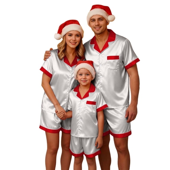 Christmas Satin Silk Pajamas Family Matching Pajamas Set for Kids Boys Girls Printed Pajama Short Sleeve Button Down Top Shorts Loungewear Outfit for Toddler Kids Pajama Sets Grey 2-3T