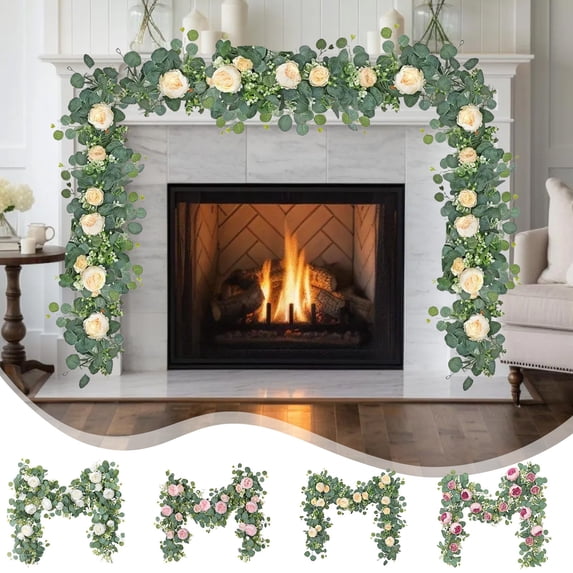 Christmas Saving! BUTASY 6FT Artificial Garland with Flowers White Roses Breath Garland Floral Garland for Wedding Party Centerpiece Table Runner Decor