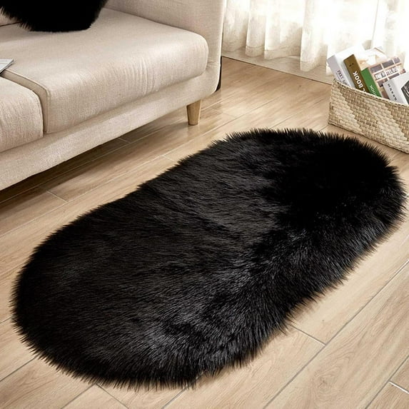 Christmas Saving Clearance! Sruiluo Faux Sheepskin Area Rugs for Bedroom Shaggy Plush Floor Carpet Bedside Rugs, Super Soft, Non-Slip, Quick-Drying, Room Decor, Black, 31.49x19.68