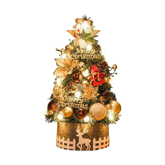 Hvmvliv Mini Christmas Tree Mini Small Little Tabletop Christmas Tree 17 Inch Decorations with Ornaments Tree Base and Multi-Colored Lights,Artificial Green Tree Gold