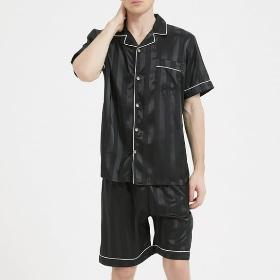 Ahuyic Mens Pajama Set Short Sleeve 2PCS Sleepwear Classic Button Down Loungewear Set Soft Modal Pajama Set with Pockets, Black B, 3XL