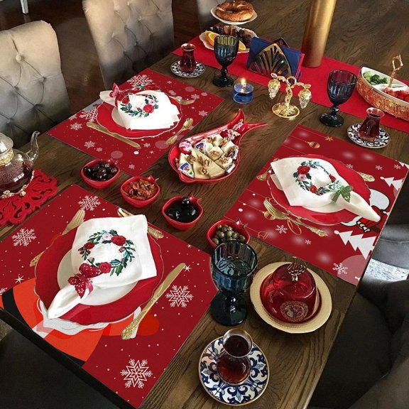 Christmas Savings! Caoblia Christmas Placemats 12x18" Washable Wipeable Heat-Proof Christmas Printing Placemats for Holiday Kitchen, Dining Table, Party Decor, Christmas Decorations