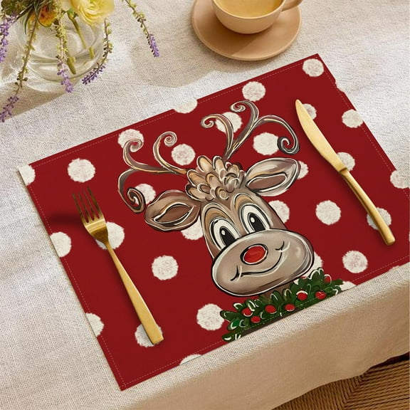 Christmas Savings! Caoblia Christmas Placemats 12x18" Washable Wipeable Heat-Proof Christmas Printing Placemats for Kitchen, Dining Table, Holiday, Party Decor Supplies, Christmas Decorations