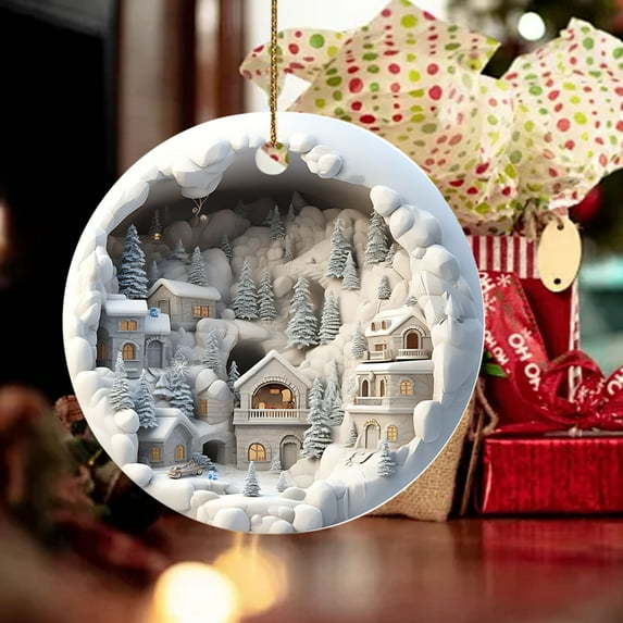 Christmas Savings! Caoblia Christmas Tree Decorations 7.9" Acrylic Round Snow House Hanging Christmas Tree Ornaments for Xmas Tree Holiday Party Wedding Decor Supplies, Christmas Decorations