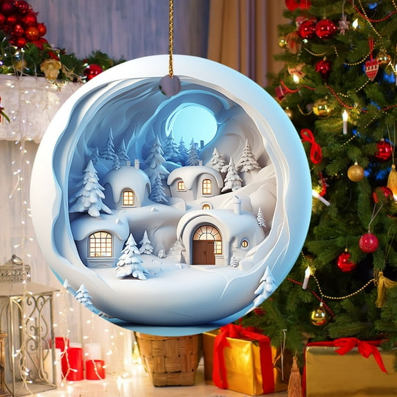 Christmas Savings! Caoblia Christmas Tree Decorations 7.9" Acrylic Round Snow House Hanging Christmas Tree Ornaments for Xmas Tree Holiday Party Wedding Decor Supplies, Christmas Decorations