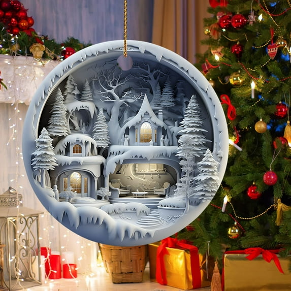 Christmas Savings! Caoblia Christmas Tree Decorations 7.9" Acrylic Round Snow House Hanging Christmas Tree Ornaments for Xmas Tree Holiday Party Wedding Decor Supplies, Christmas Decorations
