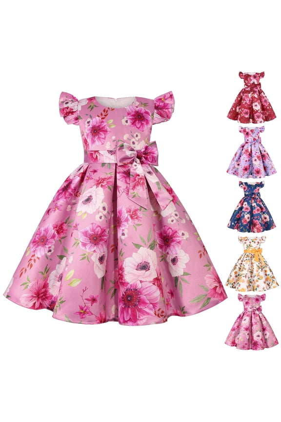 Summer AKAFMK Baby Girl Clothes Toddler Girl Flower Dress Short Sleeve Round Neck Floral Print Dress Wedding Birthday Party Pageant Maxi Prom Gown for Kids 2-10 Years