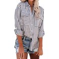 thumbnail image 1 of EINCcm Blouses for Women, Casual Button-Down Shirts V Neck Roll Up Cuffed Long Sleeve Striped Tops with Pockets, Summer Fall Womens Tunic Tops Blouses Tees Shirts, 1 of 10