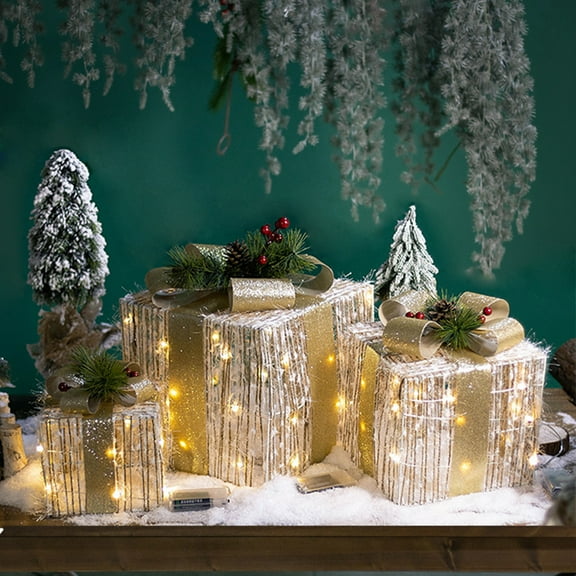 PRETXORVE 3PCS Luminous Christmas Iron Decorative Box, Shopping Window Gift Box, Christmas Tree Decoration, Flocking Gift Box