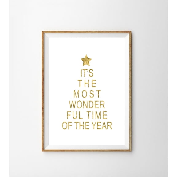 Christmas Saying Most Wonderful Time Of The Year Gold Wall Art Print, Elegant Seasonal Theme For Home, Office And Gallery Wall Decor