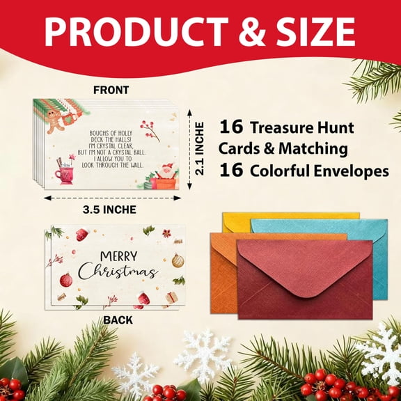 Christmas Scavenger Hunt Clue Cards, Party Game With 16 Riddles And Envelopes For Family And Large Groups