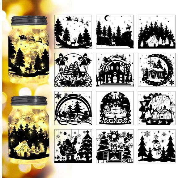 Christmas Scene Decor Silhouette Cutouts for Jars Mason Can Glass Wishing Bottle Decor(No Stickers) 12Pcs Reusable Silhouette for Lantern DIY Craft Kit Jar Decals Art Mural Home Garden Mixed Color